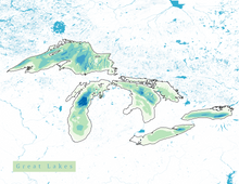 Load image into Gallery viewer, Great Lakes Map Print - Bathymetry Map