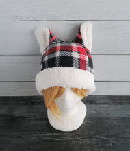 Load image into Gallery viewer, Black-Red Plaid Cat Fleece Hat - Sherpa Hat