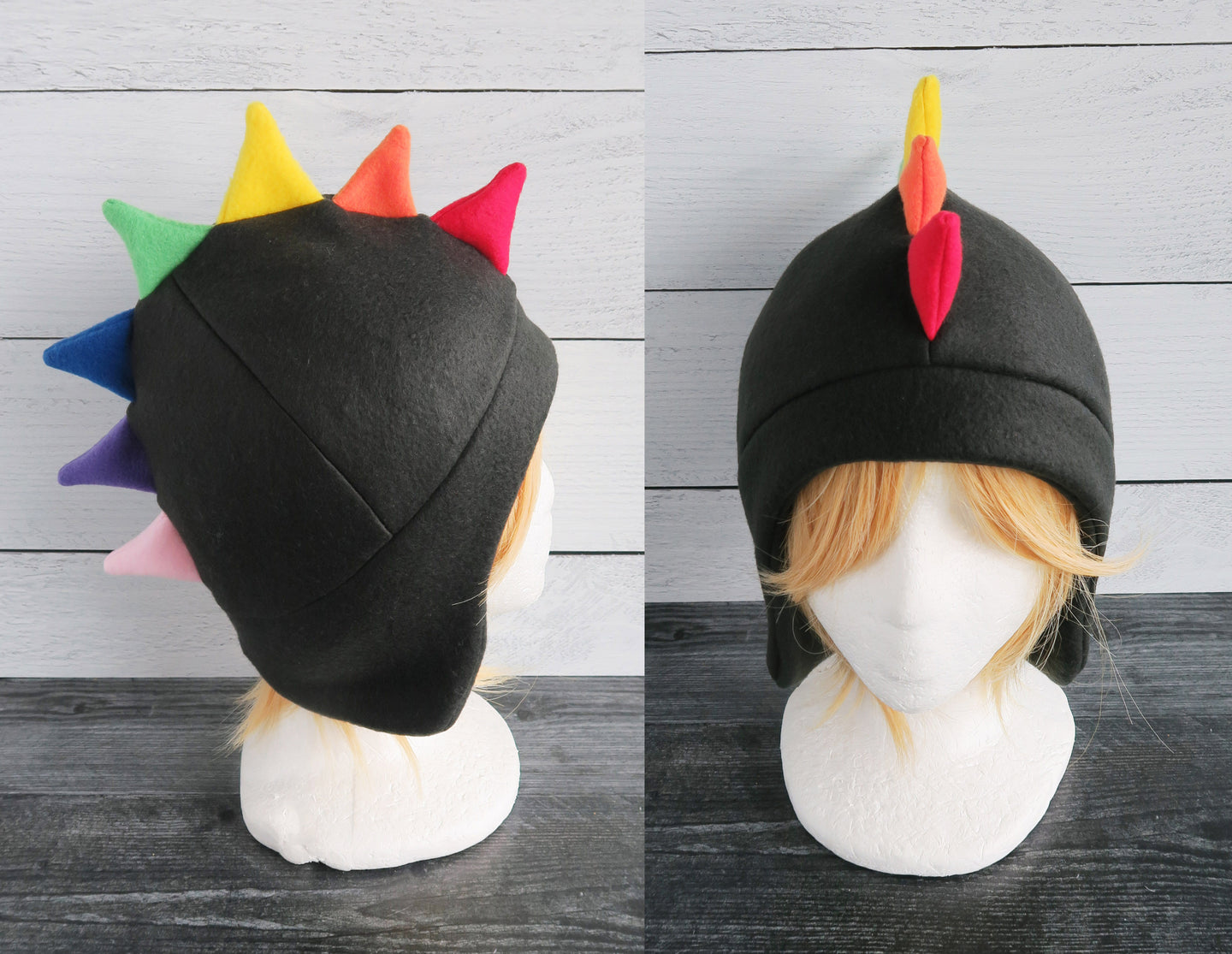 Rainbow Dragon Fleece Hat - 2 Spike Row / Black on SALE