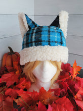 Load image into Gallery viewer, Blue-Black Plaid Cat Fleece Hat - Sherpa Hat
