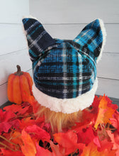 Load image into Gallery viewer, Blue-Black Plaid Cat Fleece Hat - Sherpa Hat