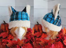 Load image into Gallery viewer, Blue-Black Plaid Cat Fleece Hat - Sherpa Hat
