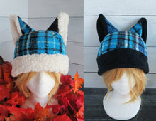 Load image into Gallery viewer, Blue-Black Plaid Cat Fleece Hat - Sherpa Hat