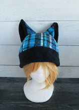 Load image into Gallery viewer, Blue-Black Plaid Cat Fleece Hat - Sherpa Hat