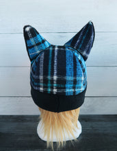 Load image into Gallery viewer, Blue-Black Plaid Cat Fleece Hat - Sherpa Hat