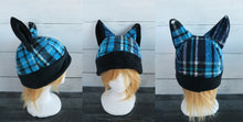 Load image into Gallery viewer, Blue-Black Plaid Cat Fleece Hat - Sherpa Hat