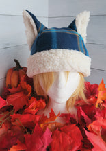 Load image into Gallery viewer, Blue-Orange Plaid Cat Fleece Hat - Sherpa Hat