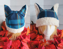 Load image into Gallery viewer, Blue-Orange Plaid Cat Fleece Hat - Sherpa Hat