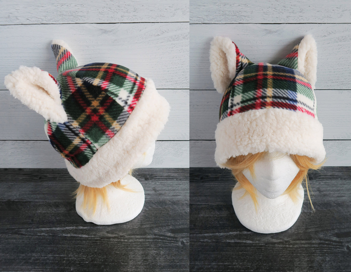 Christmas Tartan Plaid Cat Fleece Hat - Sherpa Hat