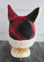 Load image into Gallery viewer, Christmas Cabin Plaid Cat Fleece Hat - Sherpa Hat