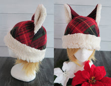 Load image into Gallery viewer, Christmas Cabin Plaid Cat Fleece Hat - Sherpa Hat