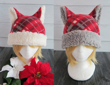 Load image into Gallery viewer, Red Traditional Plaid Christmas Cat Fleece Hat - Sherpa Hat