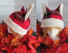 Load image into Gallery viewer, Red Plaid Cat Fleece Hat - Sherpa Hat