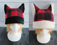 Load image into Gallery viewer, Buffalo Plaid Cat Fleece Hat - Sherpa Hat