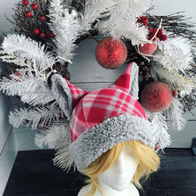 Load image into Gallery viewer, Red Tartan Christmas Cat Fleece Hat - Sherpa Hat