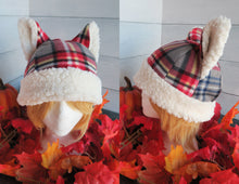 Load image into Gallery viewer, Gray-Red Plaid Cat Fleece Hat - Sherpa Hat