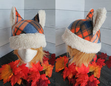 Load image into Gallery viewer, Orange-Blue Plaid Cat Fleece Hat - Sherpa Hat
