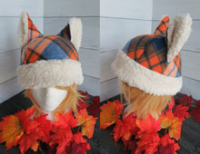 Load image into Gallery viewer, Orange-Blue Plaid Cat Fleece Hat - Sherpa Hat