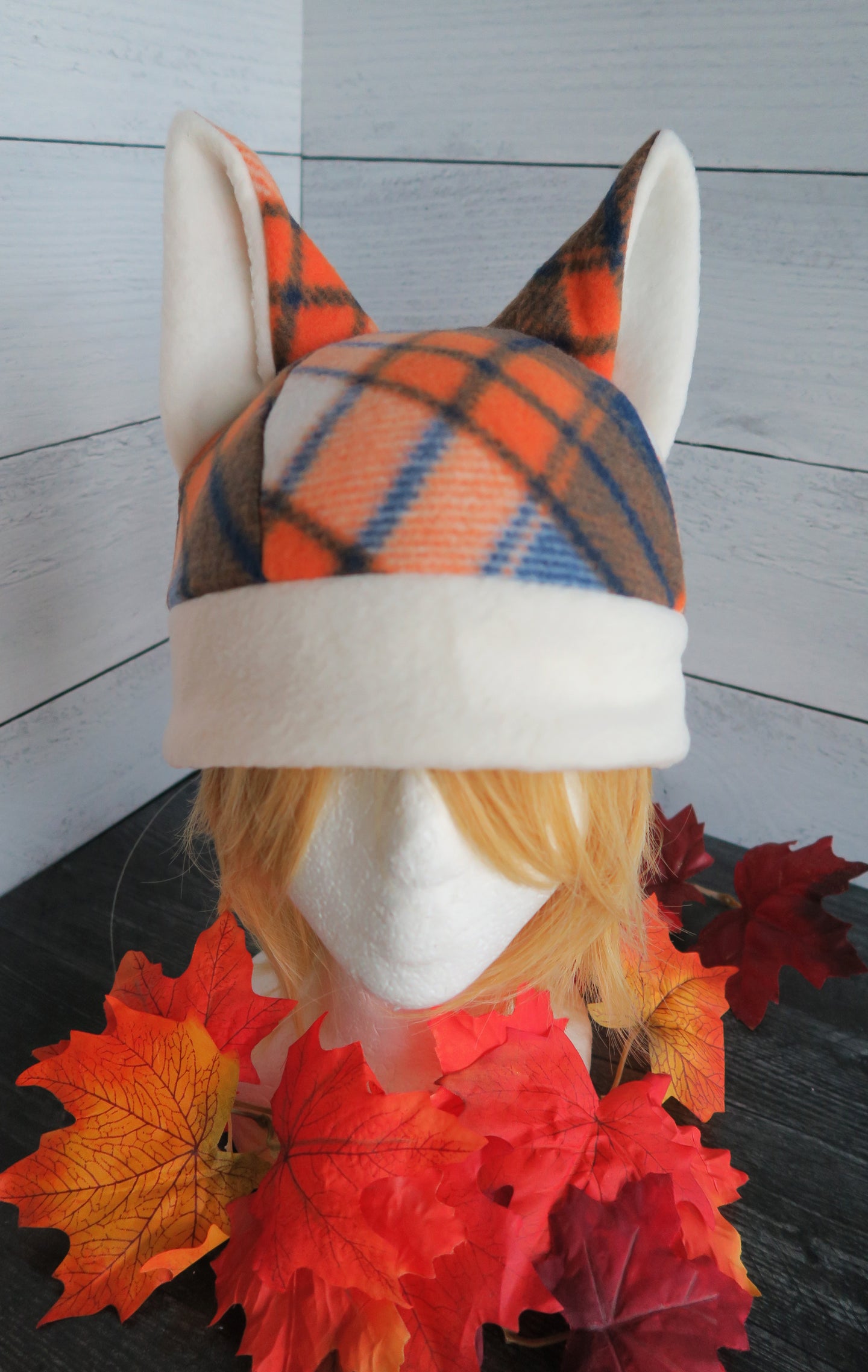 Orange-Blue OR Red-Brown Plaid Cat Fleece Hat