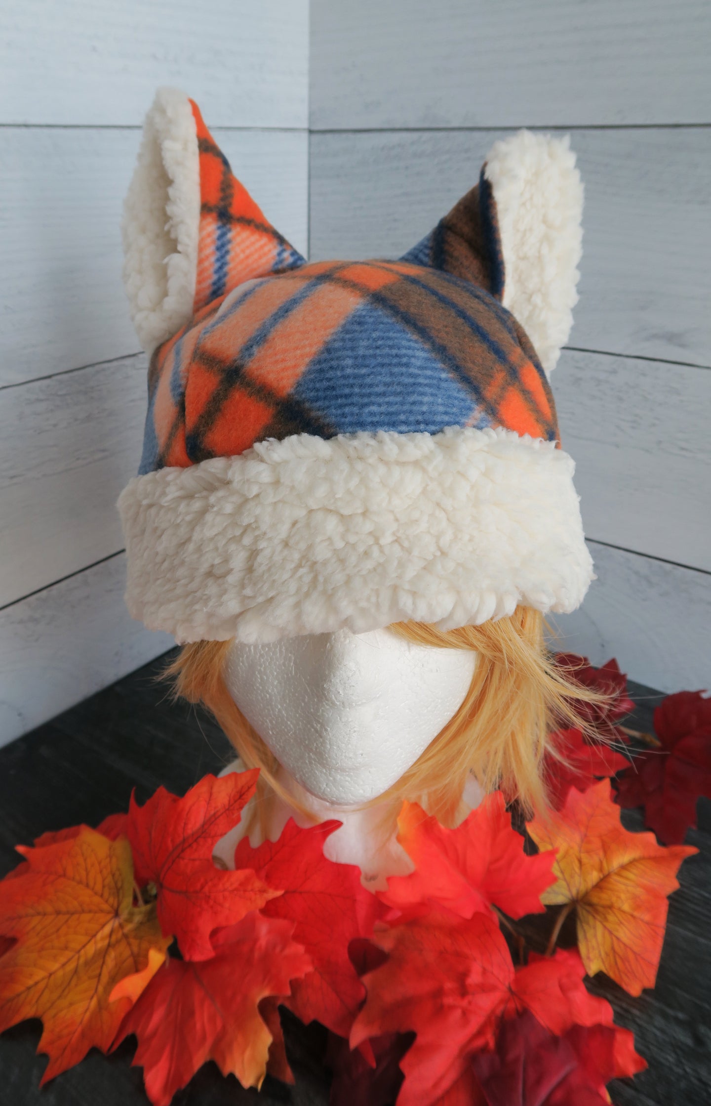 Orange-Blue Plaid Cat Fleece Hat - Sherpa Hat