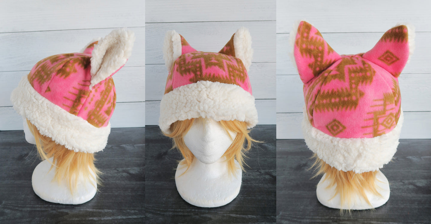 Pink Aztec Cat Fleece Hat - Sherpa Hat