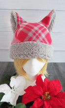 Load image into Gallery viewer, Red Tartan Christmas Cat Fleece Hat - Sherpa Hat