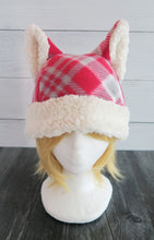 Load image into Gallery viewer, Red Tartan Christmas Cat Fleece Hat - Sherpa Hat