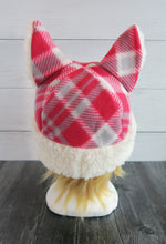 Load image into Gallery viewer, Red Tartan Christmas Cat Fleece Hat - Sherpa Hat