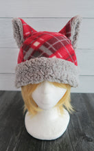 Load image into Gallery viewer, Red Traditional Plaid Christmas Cat Fleece Hat - Sherpa Hat