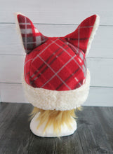 Load image into Gallery viewer, Red Traditional Plaid Christmas Cat Fleece Hat - Sherpa Hat