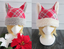 Load image into Gallery viewer, Red Tartan Christmas Cat Fleece Hat - Sherpa Hat