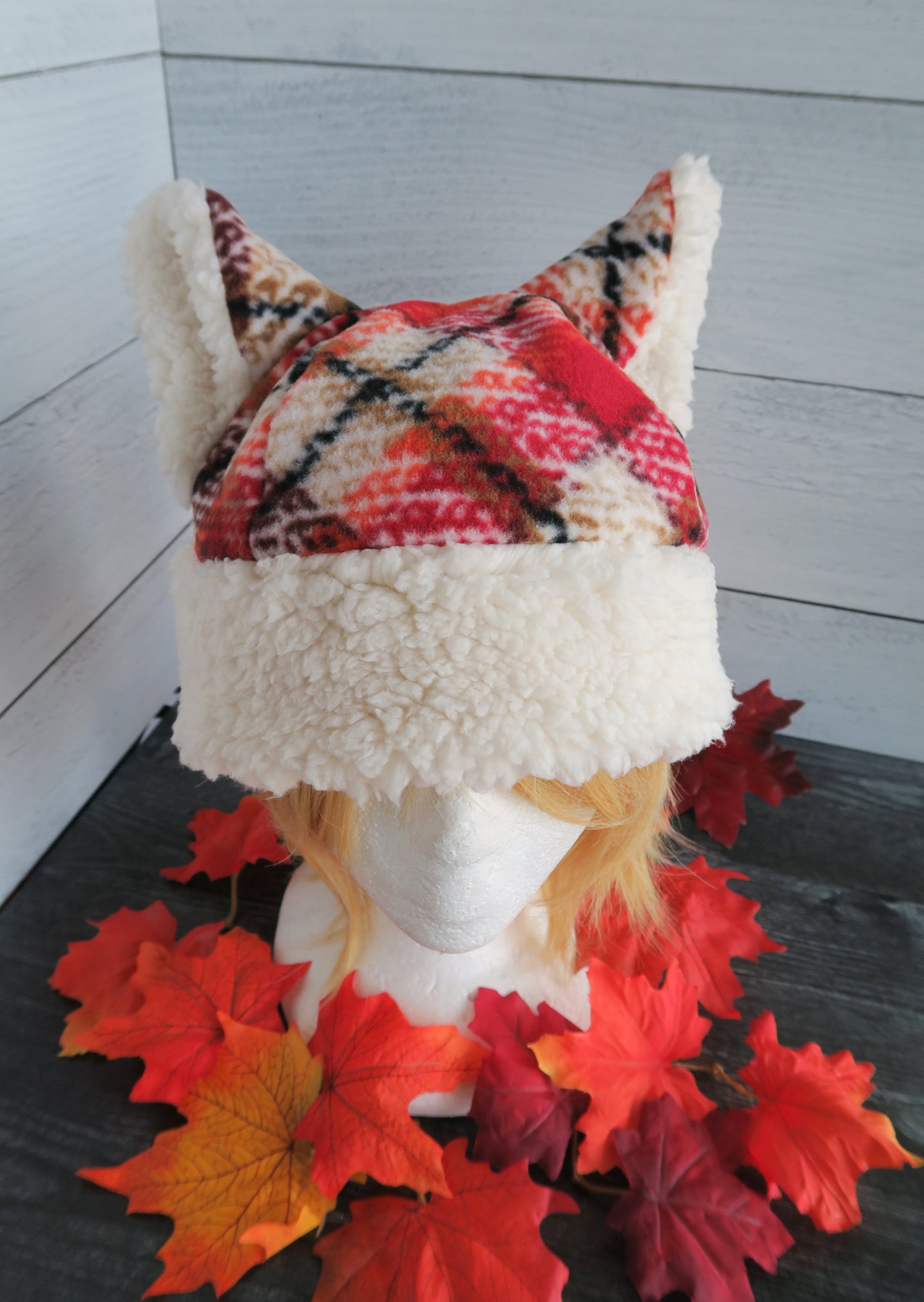 Red-Brown Plaid Cat Fleece Hat - Sherpa Hat