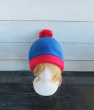 Load image into Gallery viewer, Blue and Red PomPom Fleece Hat