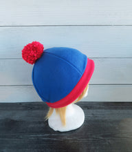 Load image into Gallery viewer, Blue and Red PomPom Fleece Hat