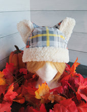 Load image into Gallery viewer, Gray-Yellow Plaid Cat Fleece Hat - Sherpa Hat