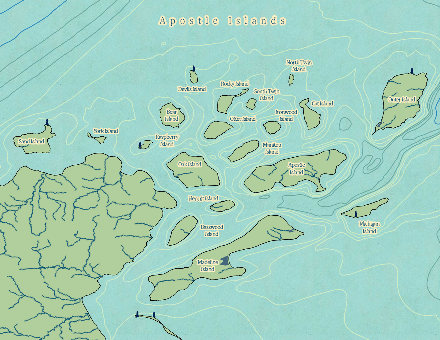 Apostle Islands Map Print (With Lighthouses)