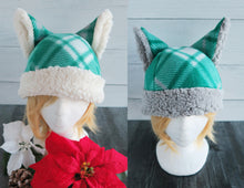 Load image into Gallery viewer, Winter Green Christmas Cat Fleece Hat - Sherpa Hat - Only Gray Sherpa left
