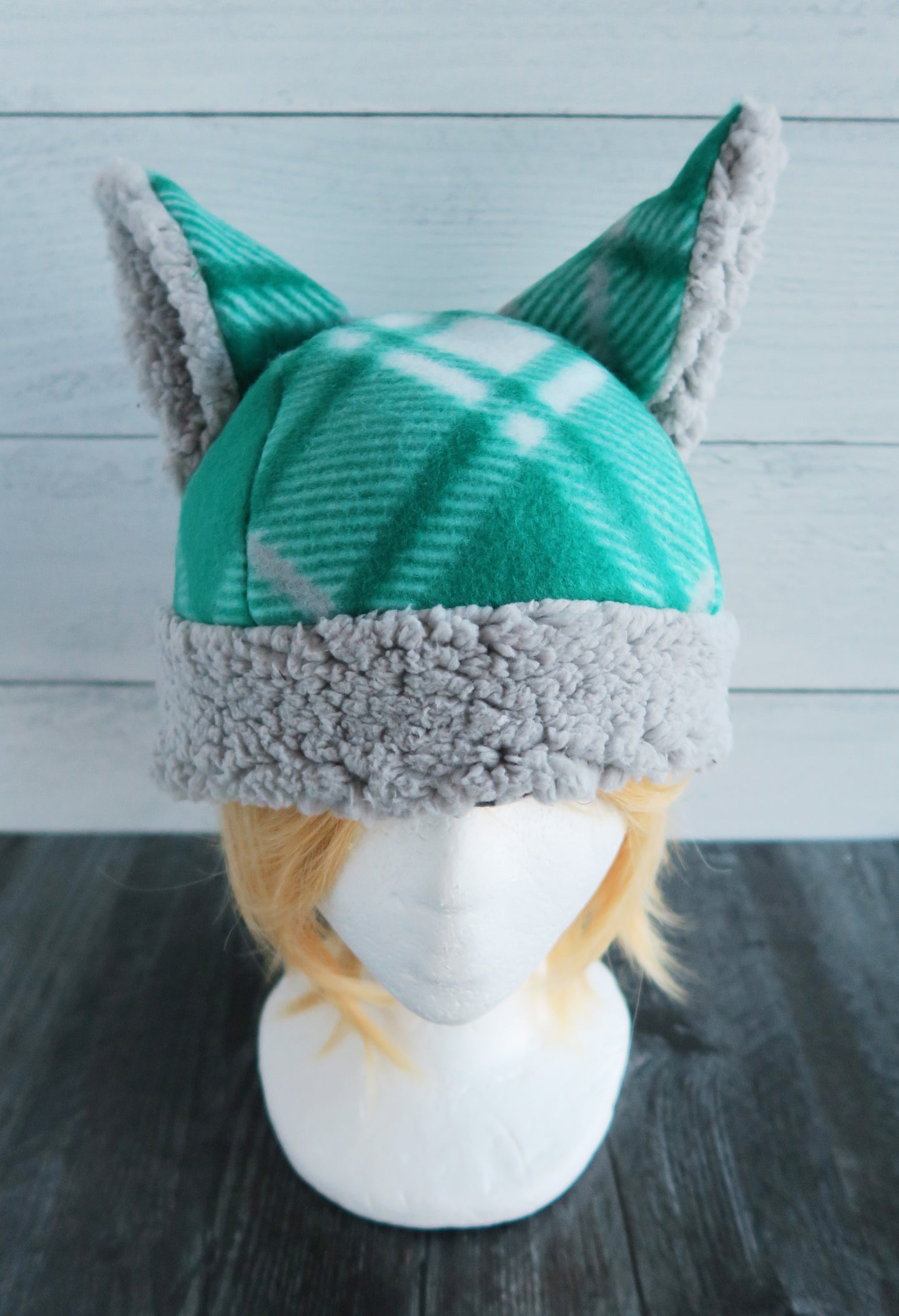 Winter Green Christmas Cat Fleece Hat - Sherpa Hat - Only Gray Sherpa left