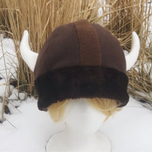 Load image into Gallery viewer, Brown Bear Fur Vikings Helmet Fleece Hat - Ready to Ship Halloween Costume
