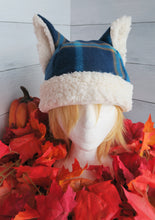 Load image into Gallery viewer, Blue-Orange Plaid Cat Fleece Hat - Sherpa Hat
