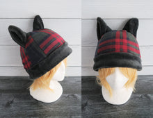 Load image into Gallery viewer, Plush Black Ear Plaid Cat Fleece Hat - Ready to Ship Halloween Costume
