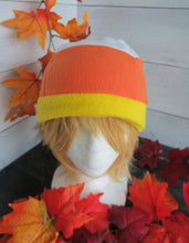 Load image into Gallery viewer, Candy Corn Fleece Hat - Ready to Ship Halloween Costume
