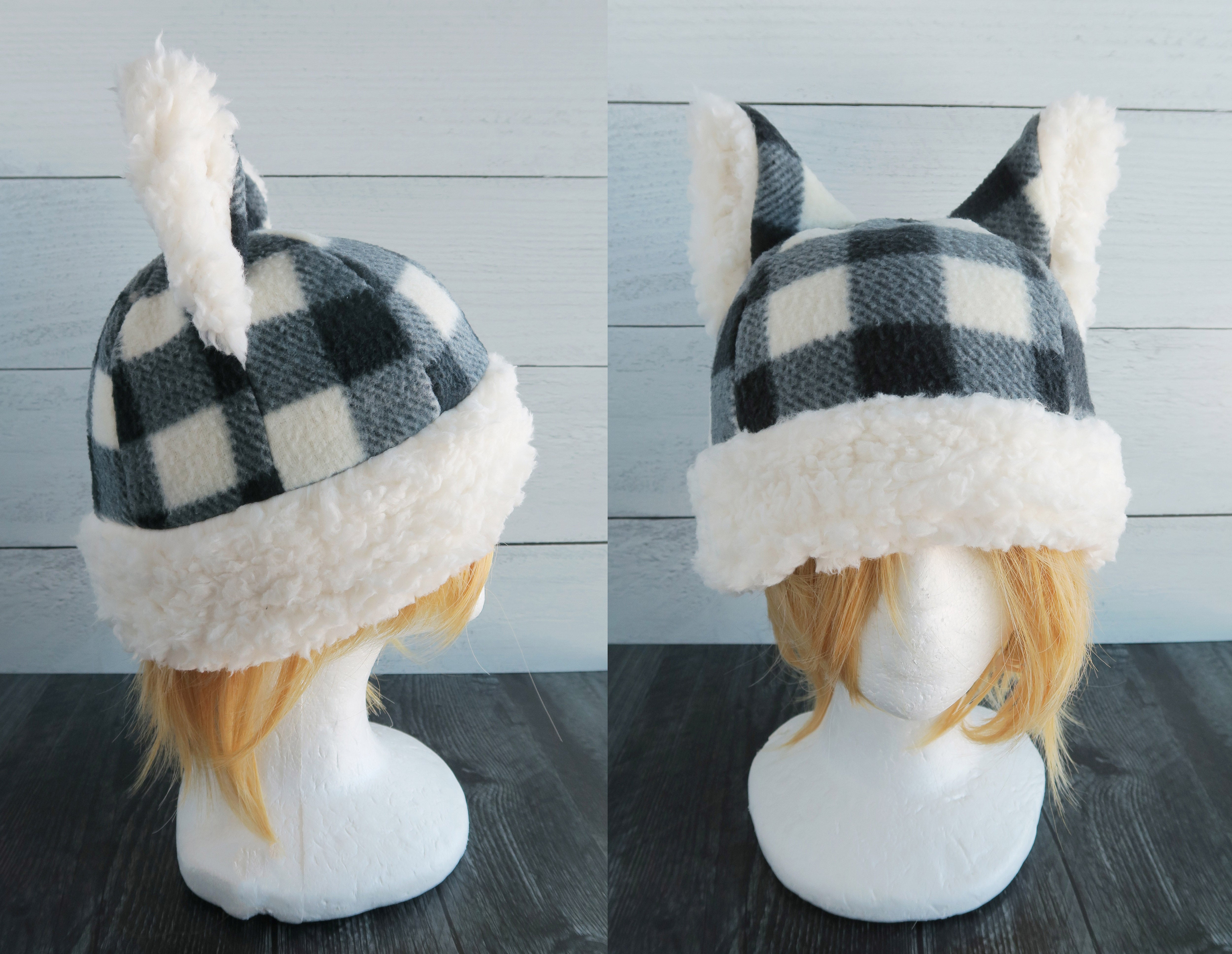 Checkered Cat Fleece Hat - Sherpa Hat