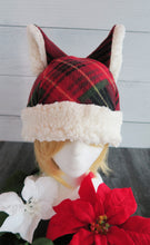Load image into Gallery viewer, Christmas Cabin Plaid Cat Fleece Hat - Sherpa Hat
