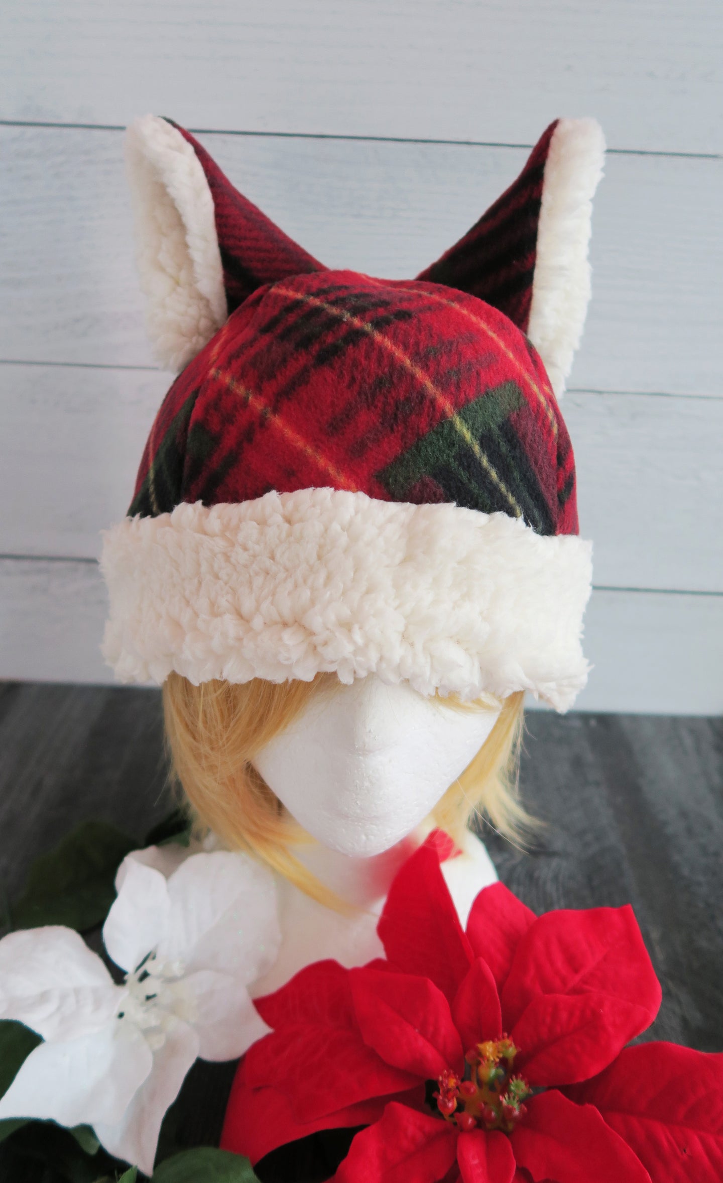 Christmas Cabin Plaid Cat Fleece Hat - Sherpa Hat