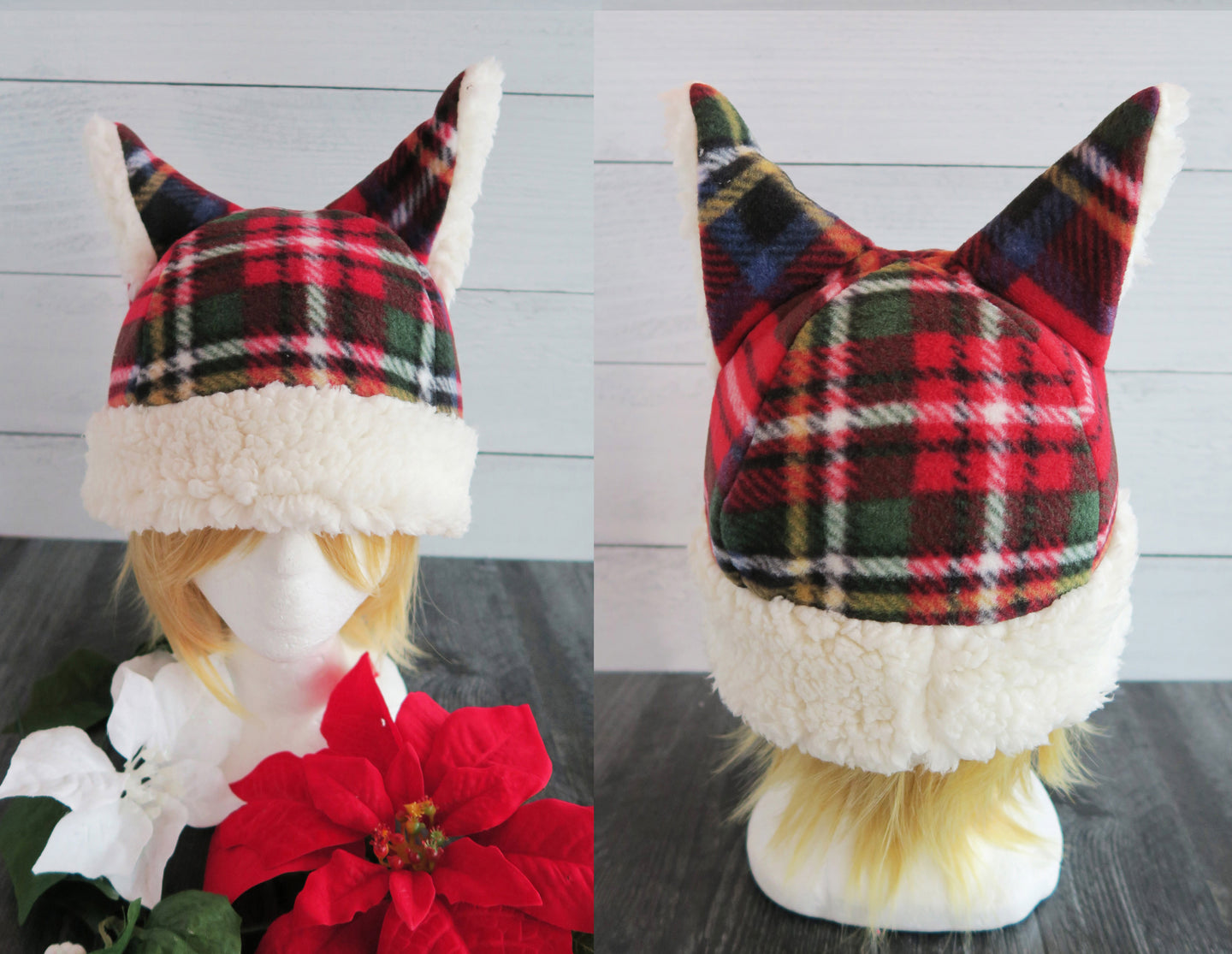 Christmas Plaid Cat Fleece Hat - Sherpa Hat
