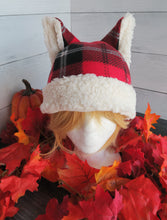 Load image into Gallery viewer, Red Plaid Cat Fleece Hat - Sherpa Hat
