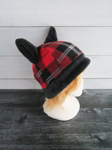 Load image into Gallery viewer, Plush Black Ear Plaid Cat Fleece Hat - Ready to Ship Halloween Costume
