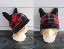 Load image into Gallery viewer, Plush Black Ear Plaid Cat Fleece Hat - Ready to Ship Halloween Costume
