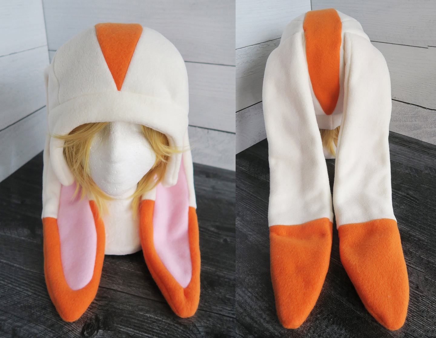 Cream and Orange Rabbit Fleece Hat